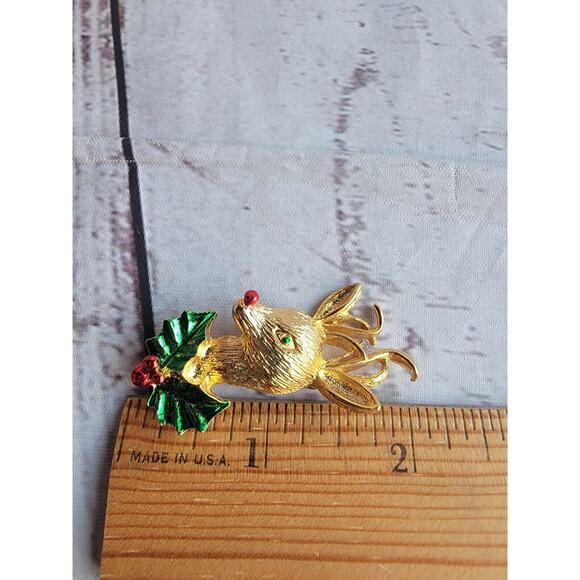 VTG Gold Tone Christmas Deer Green Red Enamel Crystal Brooch Pin - Picture 6 of 6